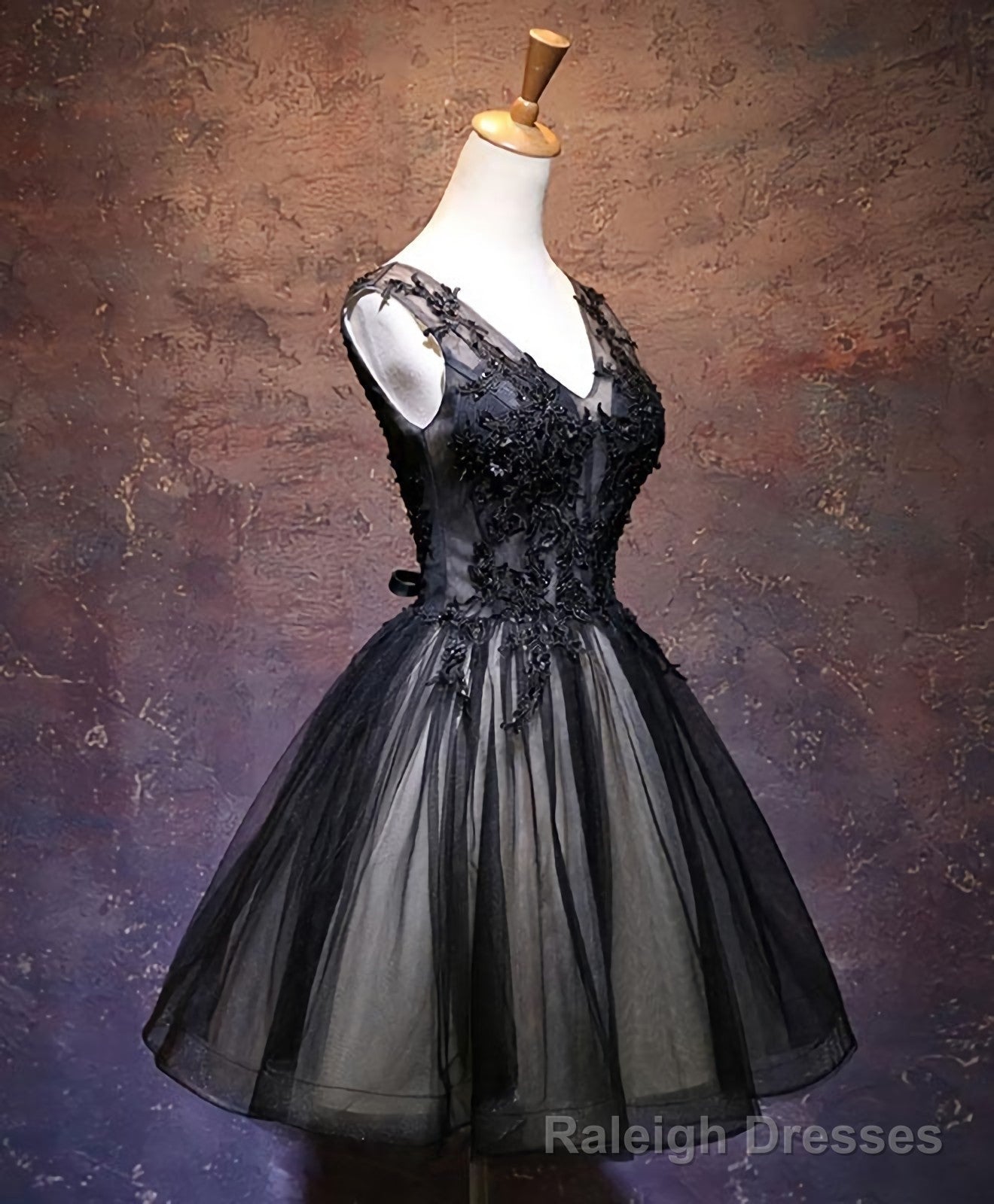 Black V Neck Lace Short Prom Dress, Black Party Dress