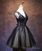 Black V Neck Lace Short Prom Dress, Black Prom Dress