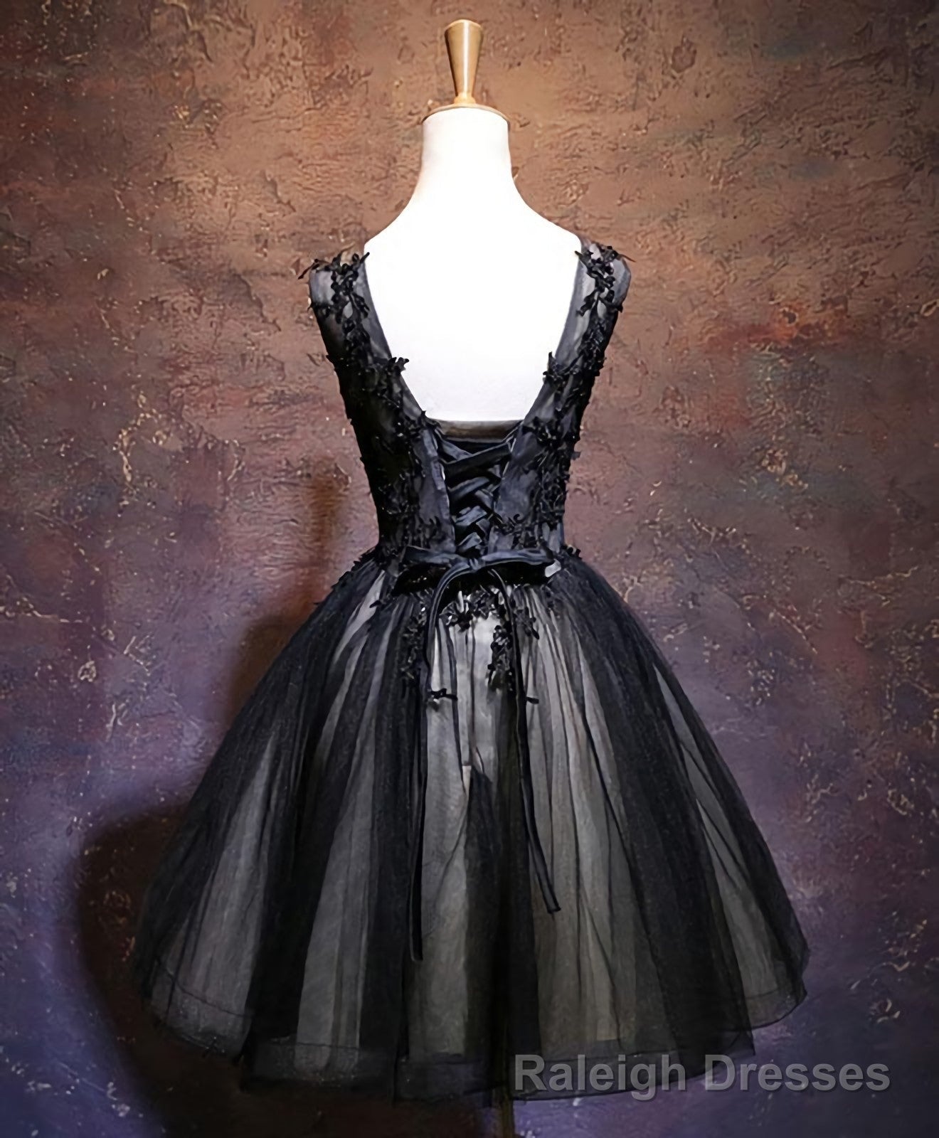 Black V Neck Lace Short Prom Dress, Black Prom Dress