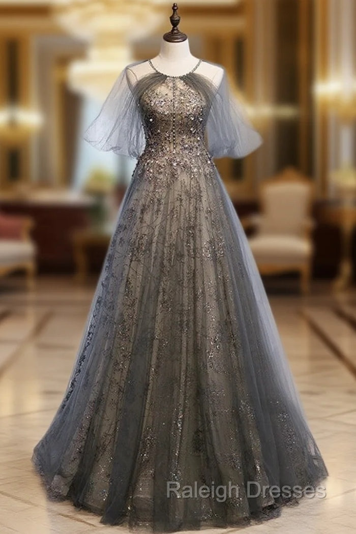 Be Crowned Prom Queen In Short Sleeves Halter Gray Tulle Sparkle Sequin Backless Prom Dress Main image