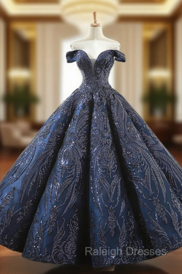 Be The Prom Queen In Navy Blue Sequins Ball Gown Off The Shoulder Prom Dress Main image