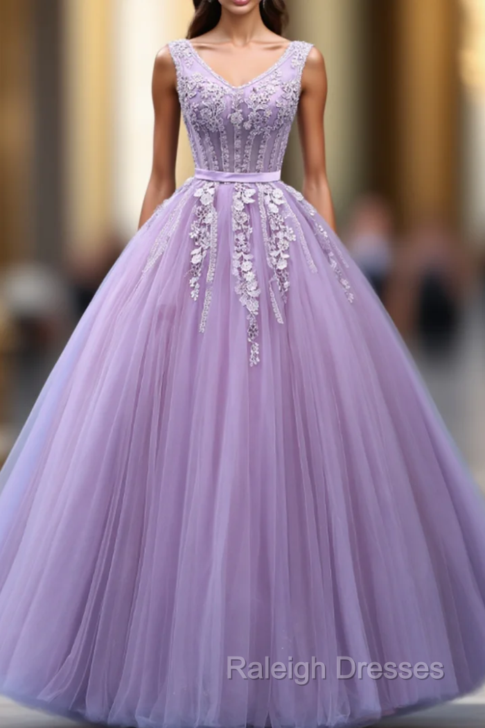 Be The Prom Queen In Purple Ball Gown Tulle V-neck Appliques Beading Quinceanera Dress Main image