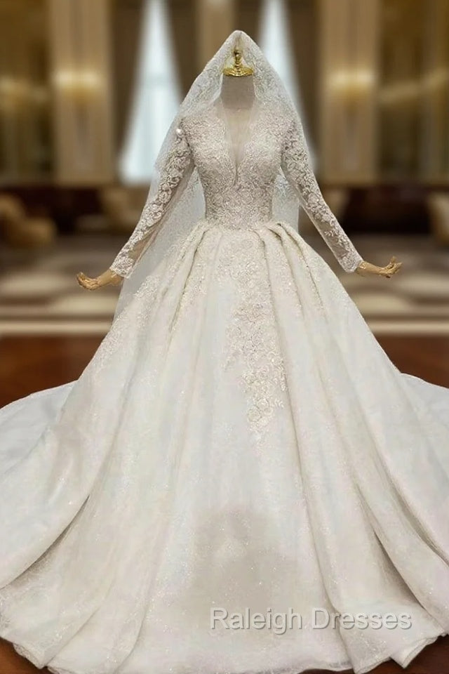 Be The Prom Queen White Tulle Lace Appliques V Neck Long Sleeve Wedding Dresses