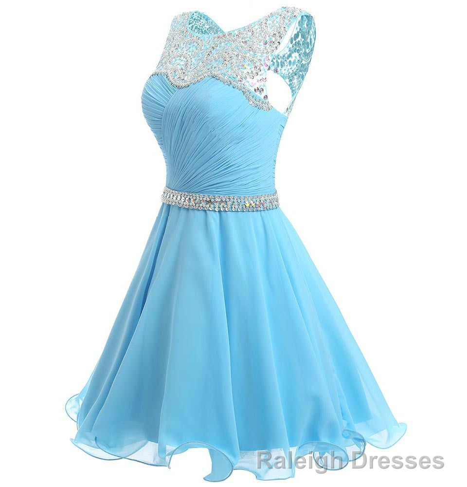 Beaded Chiffon Round Neckline Short Prom Dress, Blue Chiffon Homecoming Dresses Secondary image