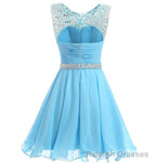 Beaded Chiffon Round Neckline Short Prom Dress, Blue Chiffon Homecoming Dresses