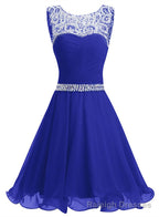 Beaded Chiffon Round Neckline Short Party Dress, Blue Chiffon Homecoming Dresses