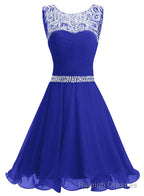 Beaded Chiffon Round Neckline Short Prom Dress, Blue Chiffon Homecoming Dresses