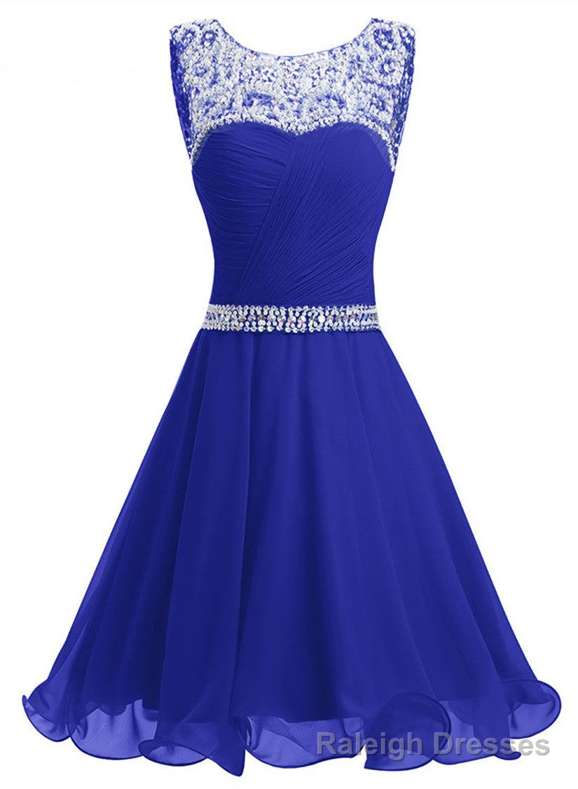 Beaded Chiffon Round Neckline Short Prom Dress, Blue Chiffon Homecoming Dresses
