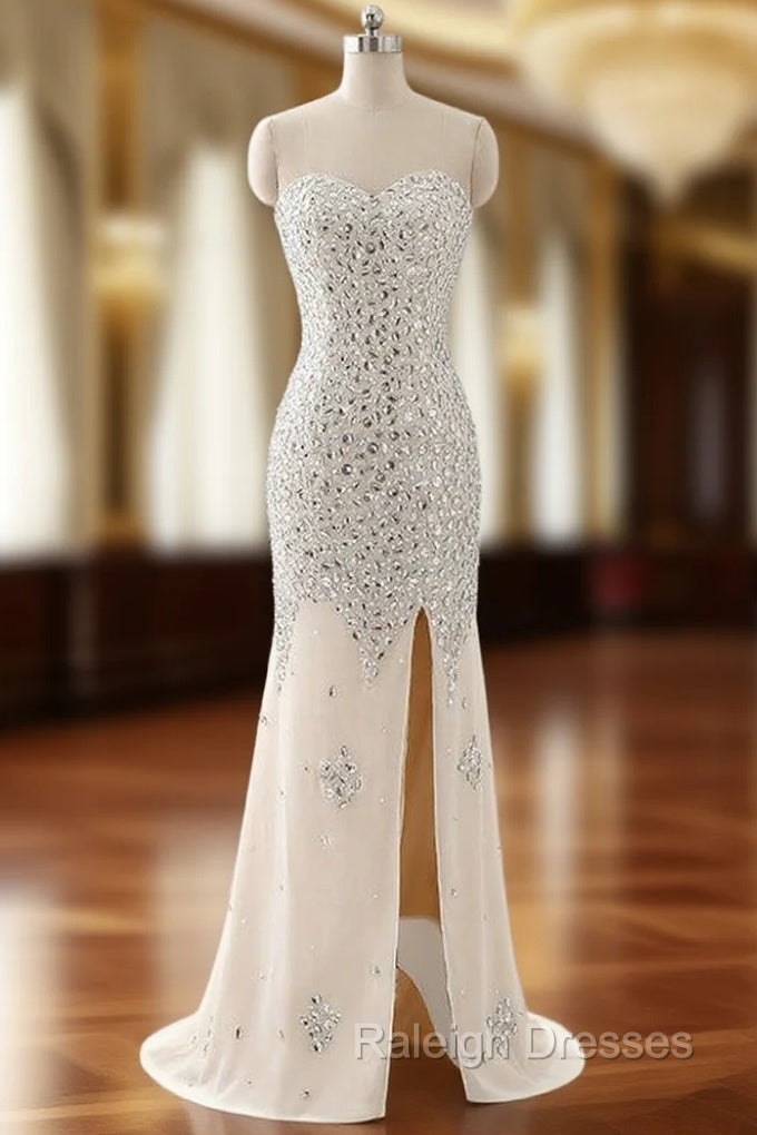 Beaded Prom Dress Sweetheart Slit Champagne Mermaid Prom Dresses Main image