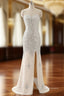 Beaded Prom Dress Sweetheart Slit Champagne Mermaid Prom Dresses