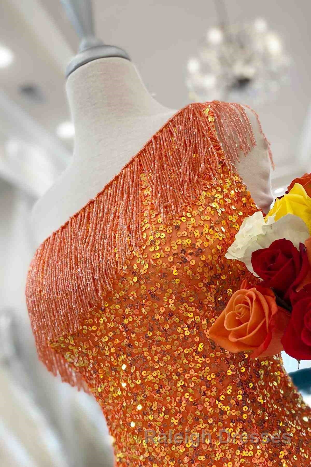 Beaded Fringe Orange Tight Short Homecoming Dresses Cocktail Dress Wedding