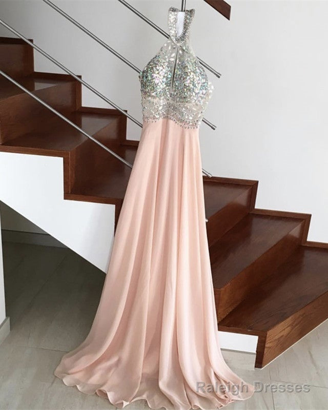 Beaded Halter Open Back Long Chiffon Prom Dresses Main image