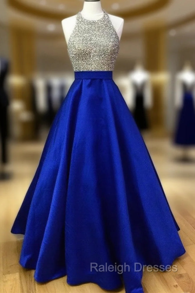 Beaded Halter Satin Ball Gown Prom Dresses With Pockets Main image