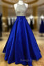 Beaded Halter Satin Ball Gown Prom Dresses With Pockets