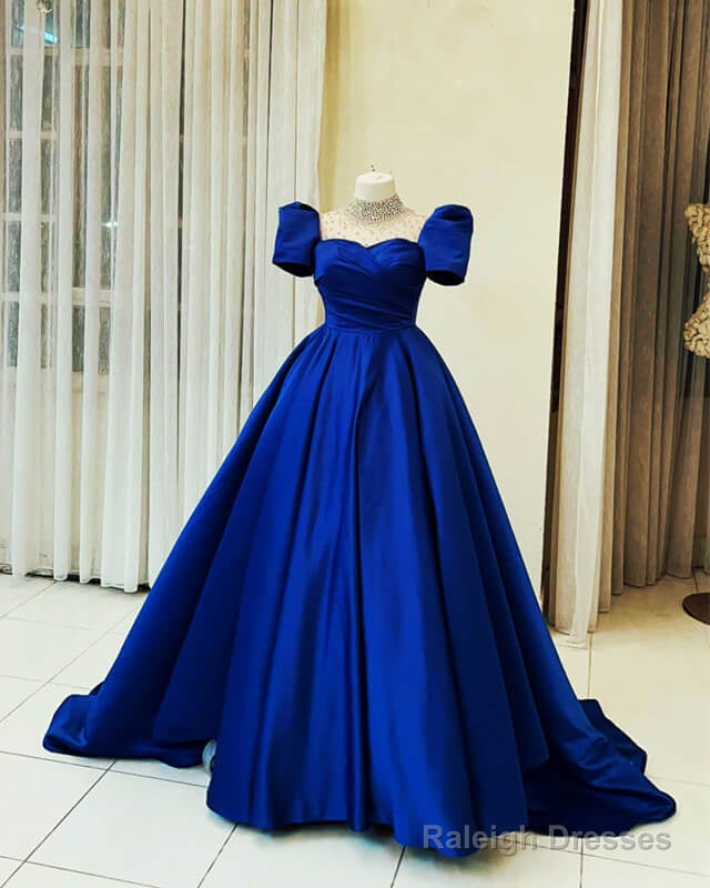Beaded High Neck Cap Sleeve Satin Ball Gowns