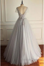Beaded Lace Appliques Tulle V-Neck Gray A-Line Wedding Dress
