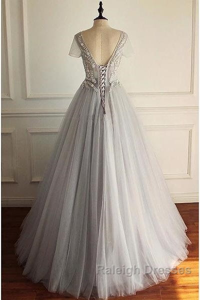 Beaded Lace Appliques Tulle V-Neck Gray A-Line Wedding Dress