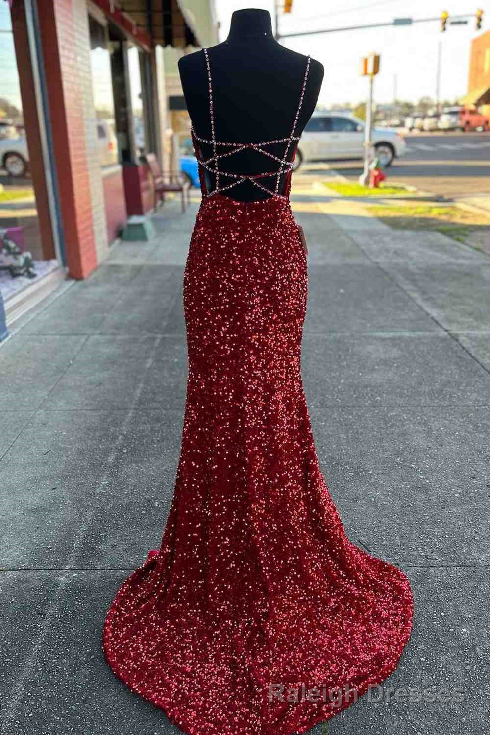 Beaded Straps Burgundy Sequins Mermaid Long Prom Dress,Evening Dresses Elegant Secondary image