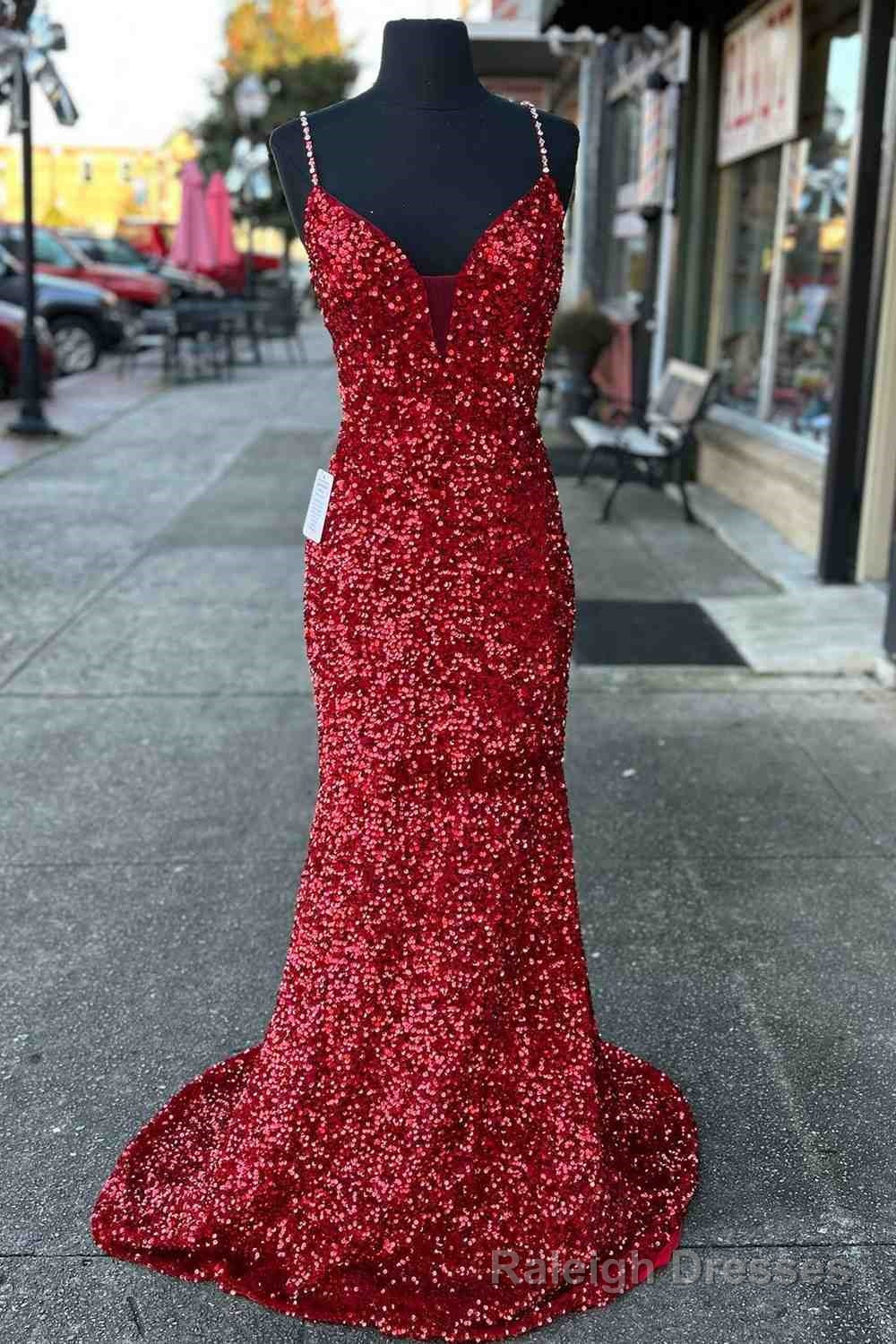 Beaded Straps Burgundy Sequins Mermaid Long Prom Dress,Prom Dresses Elegant Main image