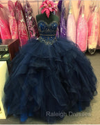 Beaded Sweetheart Organza Ruffle Snavy Blue Quinceanera Dresses Ball Gowns