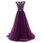 Beaded Tulle Long Party Gown, Tulle Cap Sleeves Formal Dresses