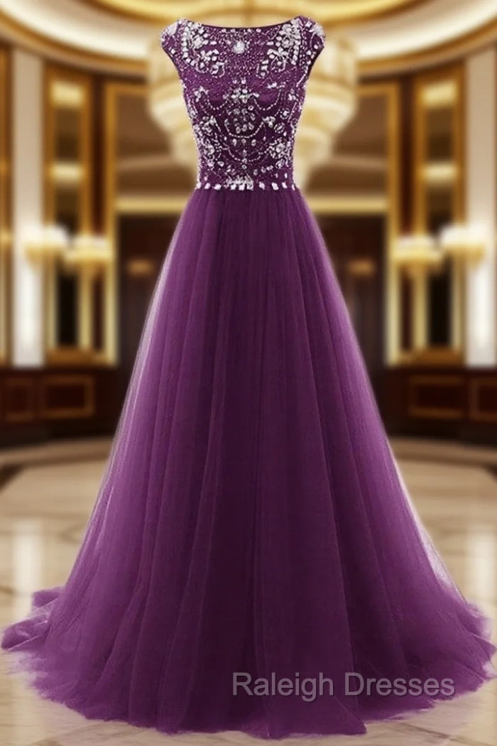 Beaded Tulle Long Party Gown, Tulle Cap Sleeves Formal Dresses Main image
