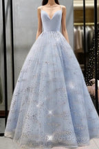 Beaded Tulle Prom Dresses Ball Gown Plunge Neck