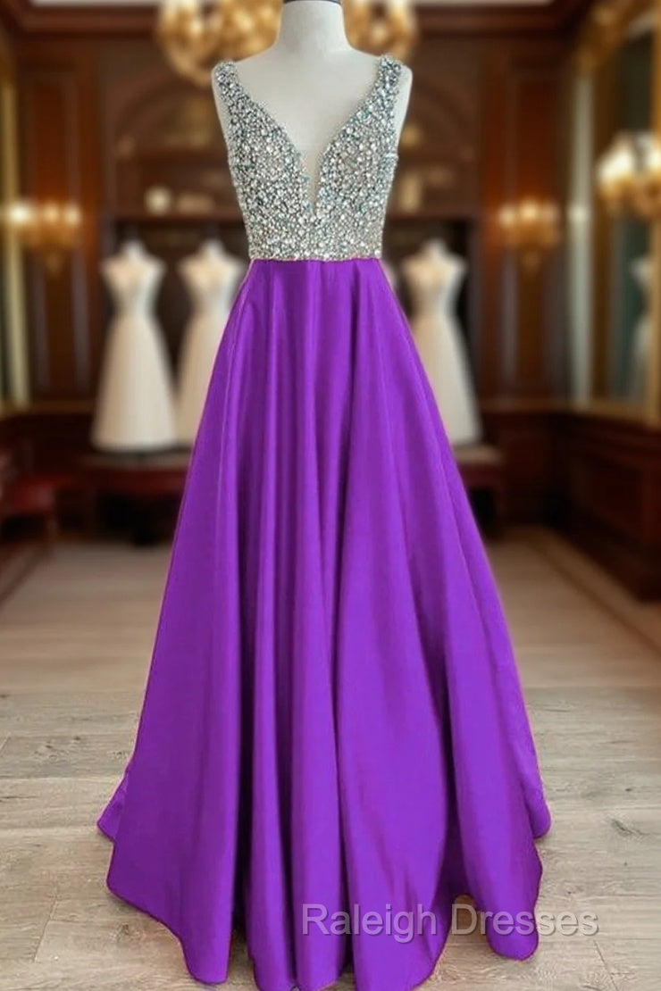 Beaded V Neck Long Satin Violet Prom Dresses Main image