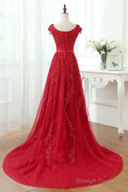 Beading Lace Tulle Long Red V Neck Appliques Prom Dress