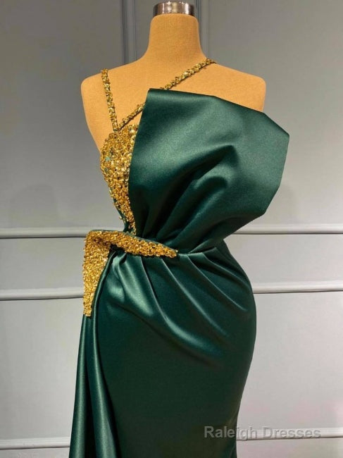 Beading Luxury Sparkle Dark Green Satin Sheath Column Prom Formal Dress
