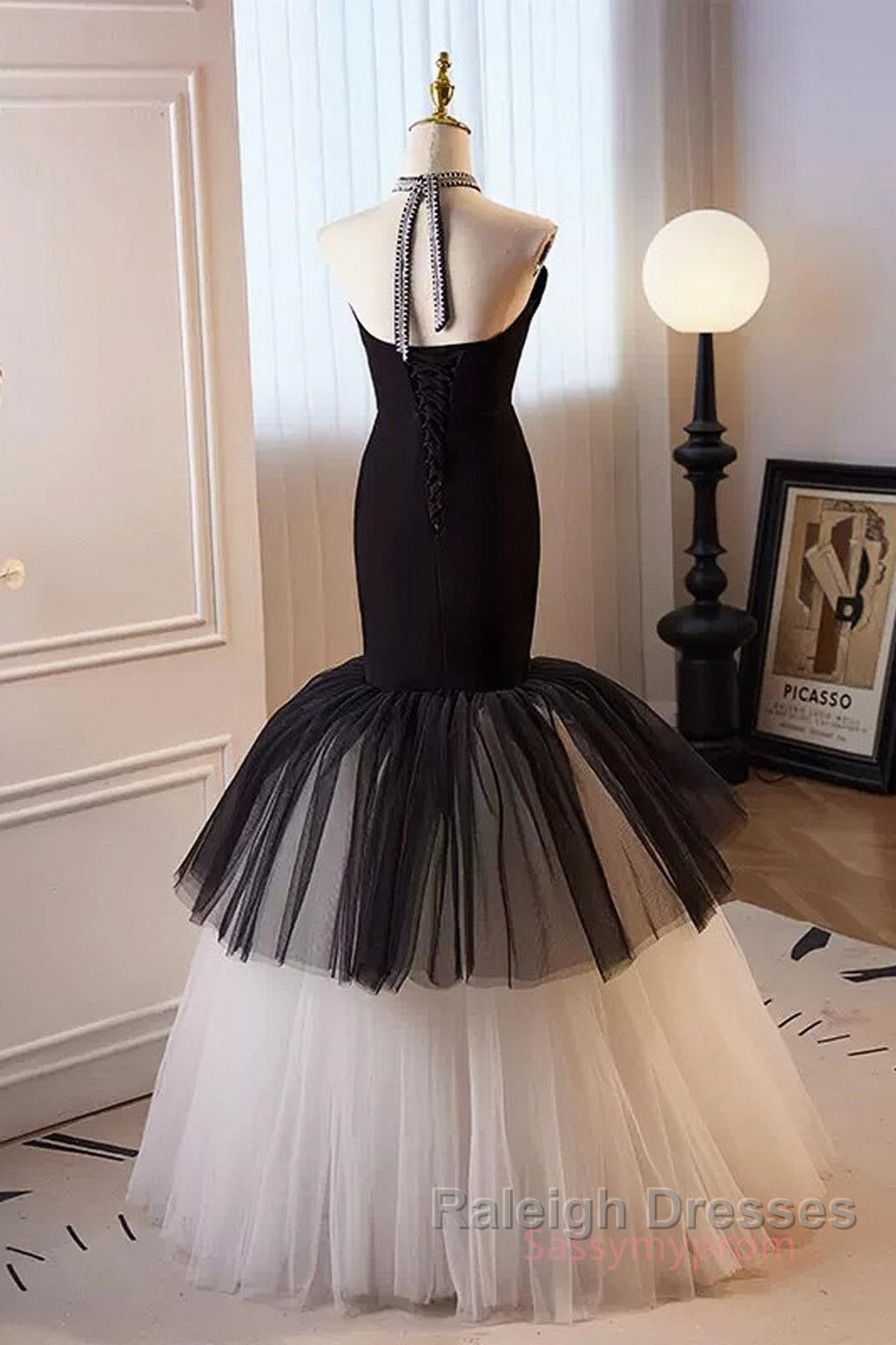 Beading Mermaid Black And White Halter Tulle Prom Dress