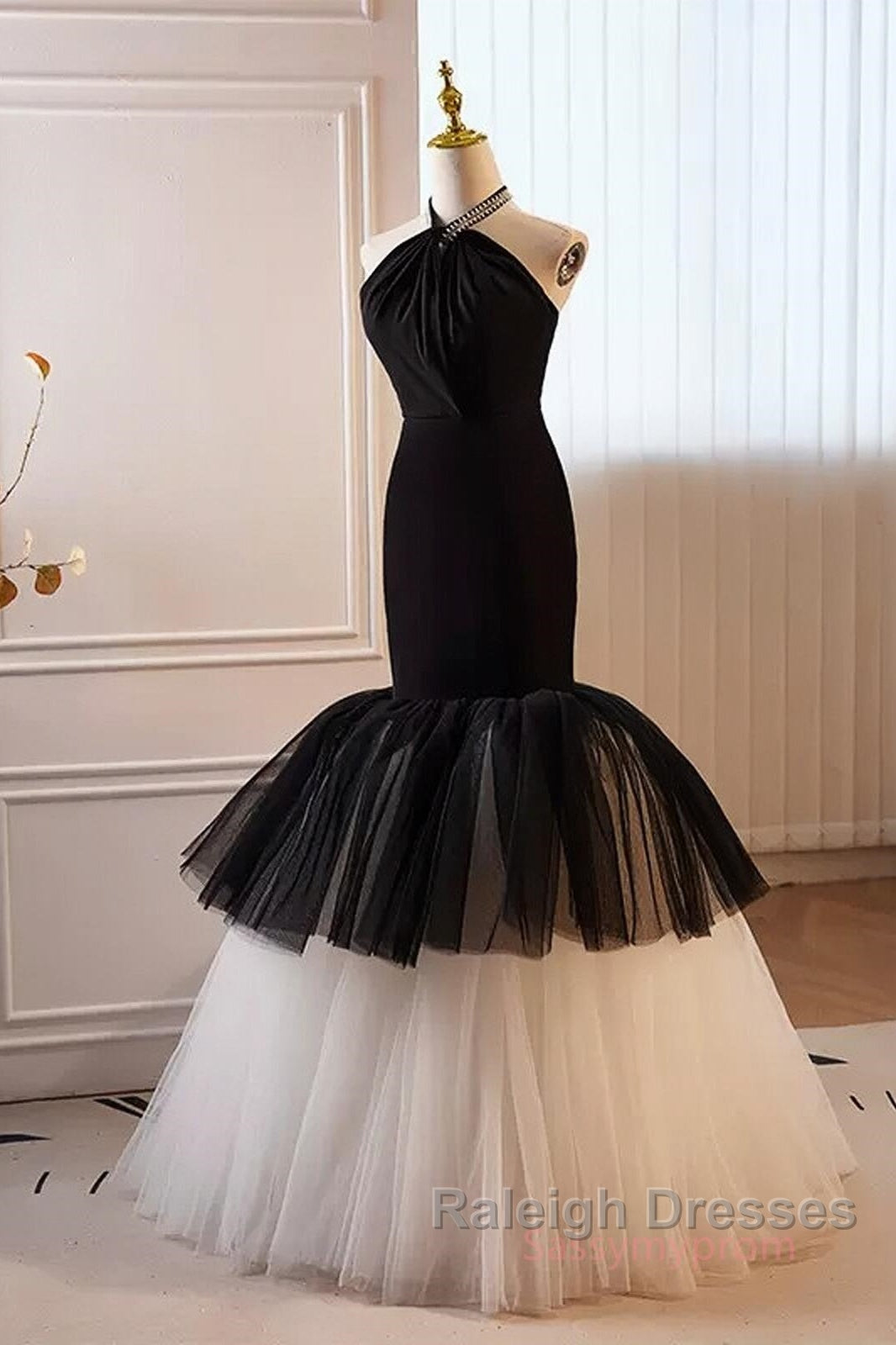 Beading Mermaid Black And White Halter Tulle Prom Dress