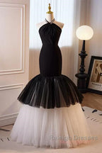 Beading Mermaid Black And White Halter Tulle Prom Dresses