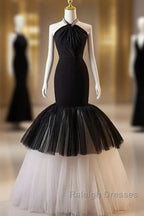 Beading Mermaid Black And White Halter Tulle Prom Dress
