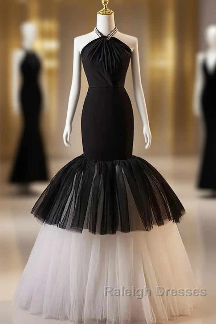 Beading Mermaid Black And White Halter Tulle Prom Dress