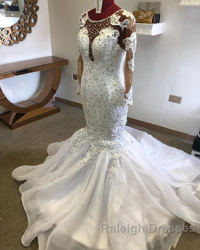 Beading Mermaid Sheer Tulle Wedding Dresses Appliques Long Sleeves Bridal Dresses