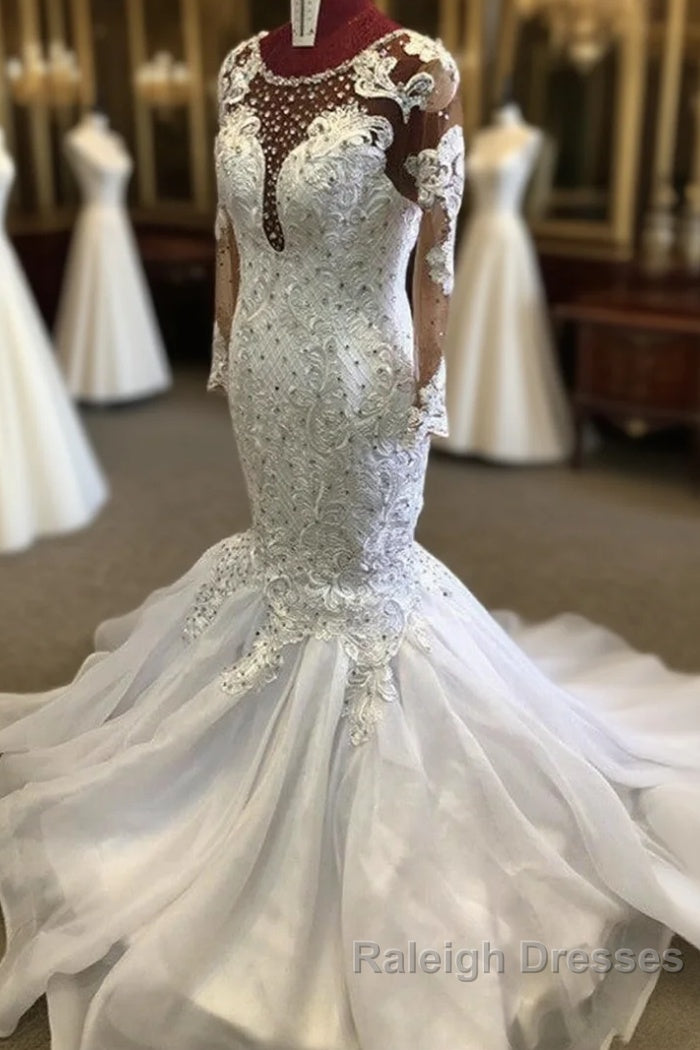Beading Mermaid Sheer Tulle Wedding Dress Appliques Long Sleeves Bridal Dress Main image