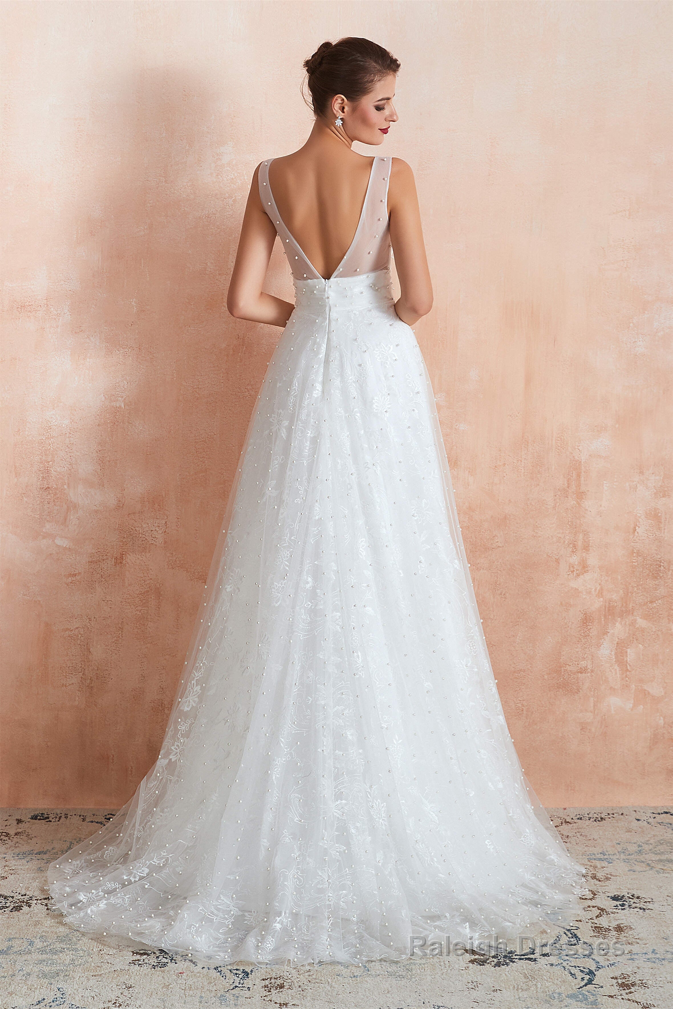 Beading Pearls Lace Floor Length Straps V-Back Backless White A-Line Wedding Dresses
