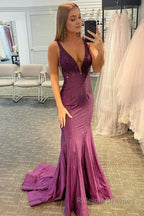 Beading V Neck Purple Mermaid Prom Dress