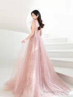 Bean Pink Tulle Long Prom Dress, A Line Tulle Formal Evening Dress
