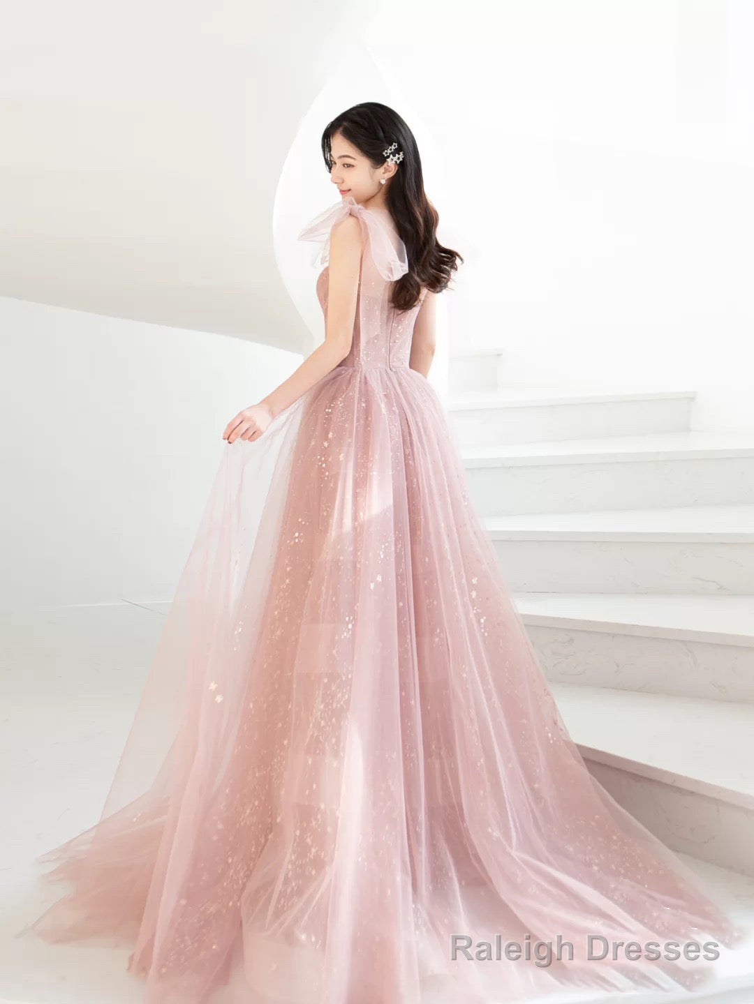 Bean Pink Tulle Long Prom Dress, A Line Tulle Formal Evening Dress