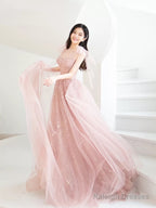 Bean Pink Tulle Long Prom Dress, A Line Tulle Formal Evening Dress