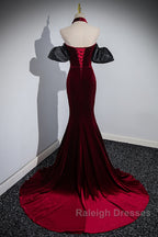 Beauiful Wine Red Off Shoulder Mermaid Long Prom Dress, Wine Red Party Dress
