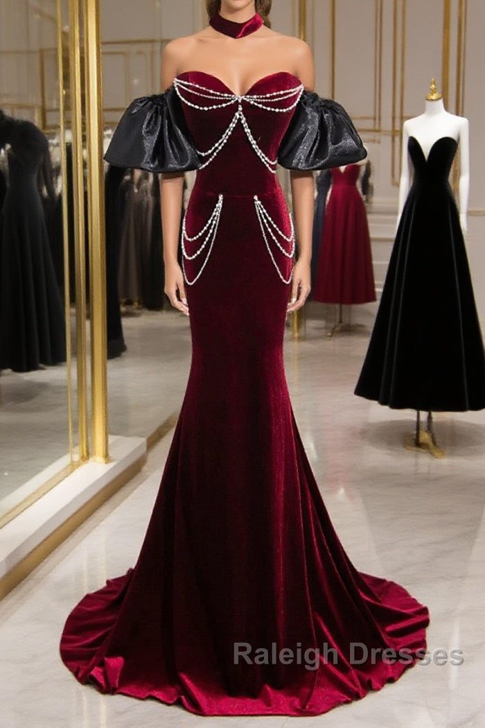 Beauiful Wine Red Off Shoulder Mermaid Long Prom Dresses Wine Red Prom Dresses