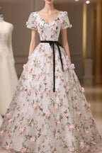 Beauitufl Floral V-Neck Lace Short Sleeve Flowers Long Prom Dress Floral Party Dress prom dresses shops