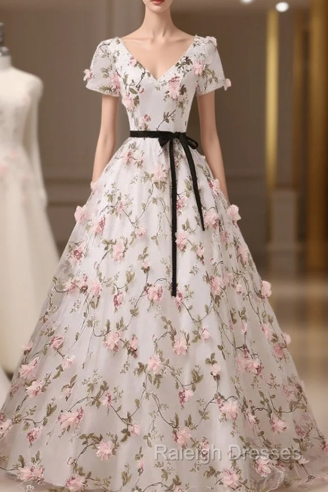 Beauitufl Floral V-Neck Lace Short Sleeve Flowers Long Prom Dress Floral Party Dress prom dresses shops