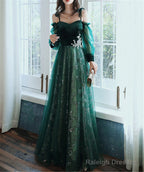 Beautful Dark Green Tulle Stunning Sequin Bridal Dress, Spaghetti Strap Prom Dress Wedding Party Dresses