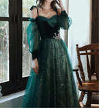 Beautful Dark Green Tulle Stunning Sequin Bridal Dresses Spaghetti Strap Prom Dresses Wedding Prom Dress