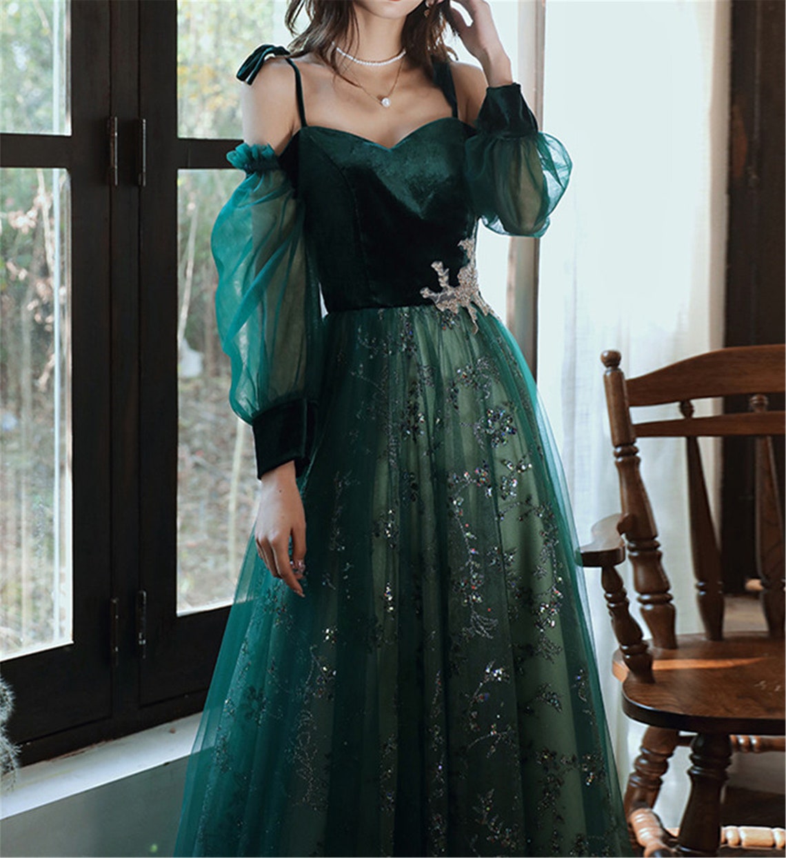 Beautful Dark Green Tulle Stunning Sequin Bridal Dresses Spaghetti Strap Prom Dresses Wedding Prom Dress