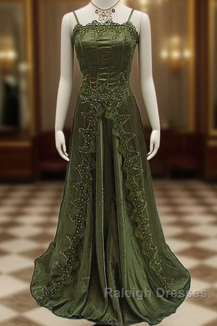 Beautiful A Line Dark Green Lace Prom Gown Long Prom Dresses